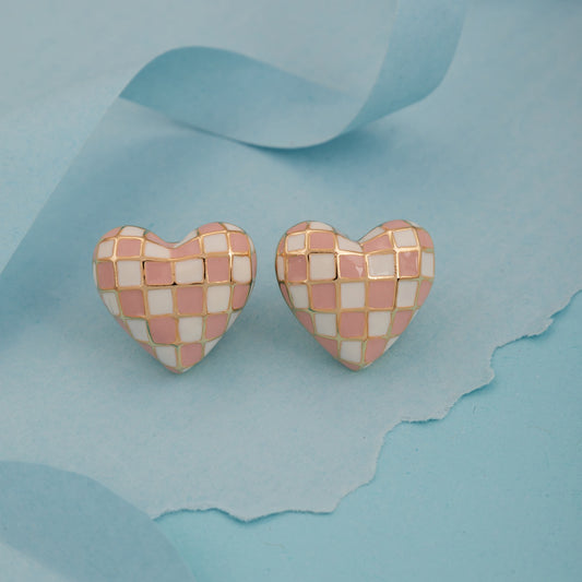 Checkered Pink & White Heart Stud Earrings for Women & Girls
