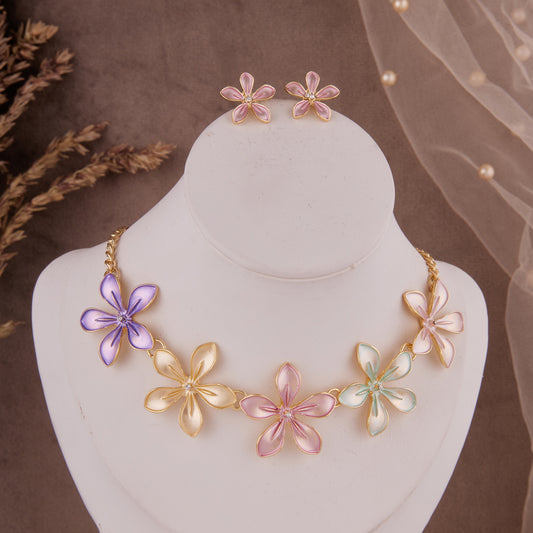 Pastel Multicolor Floral Necklace Set with Earrings, Ideal for Girls & Women