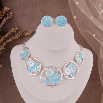Sky Blue Tree Motif Necklace Set with Round Stud Earrings for Women & Girls