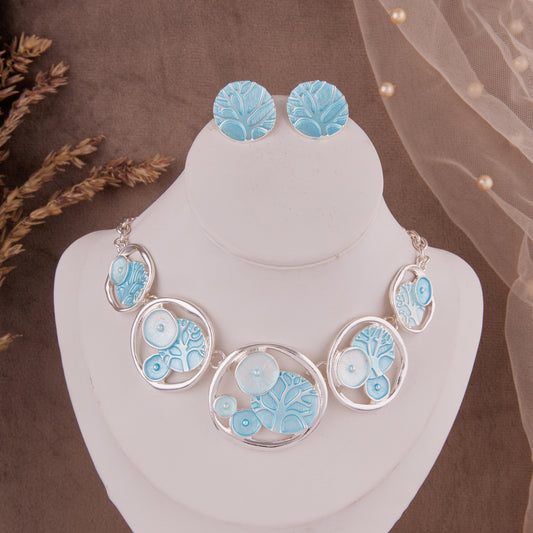 Sky Blue Tree Motif Necklace Set with Round Stud Earrings for Women & Girls