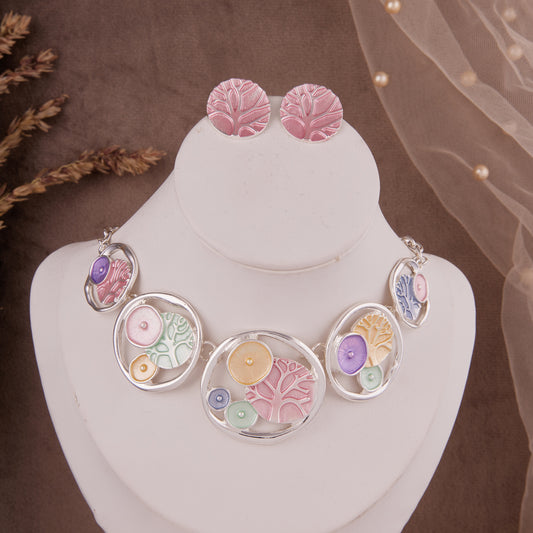 Round Pastel Statement Necklace Set with Earrings for Women & Girls