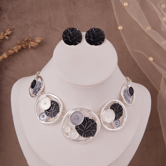 Black & Silver Tree Motif Necklace Set with Matching Stud Earrings for Women