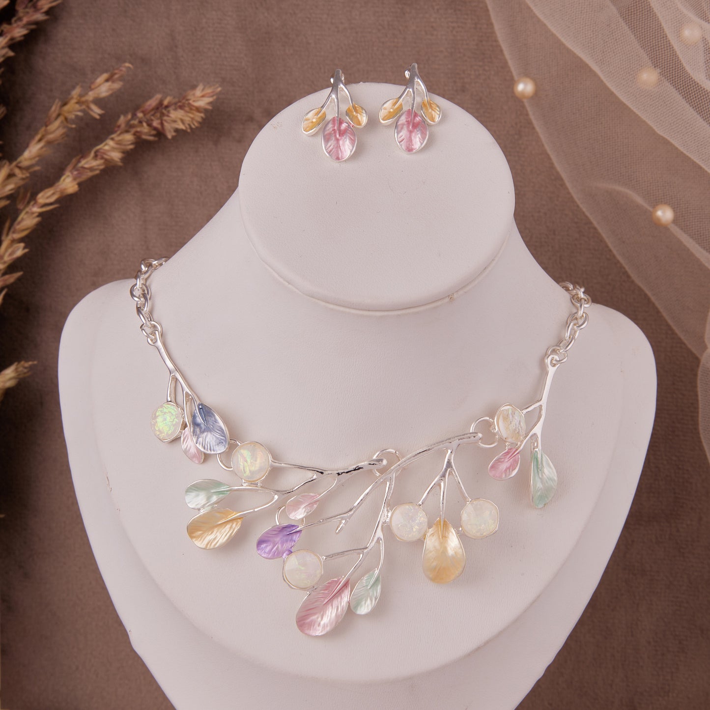 Pastel Leaf Pendant Necklace Set with Earrings for Women & Girls