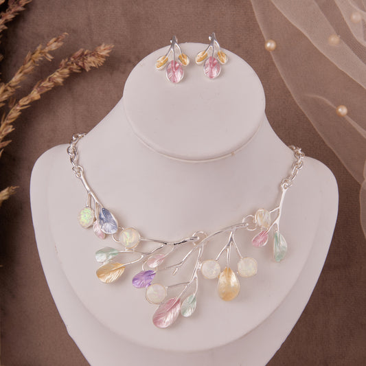 Pastel Leaf Pendant Necklace Set with Earrings for Women & Girls