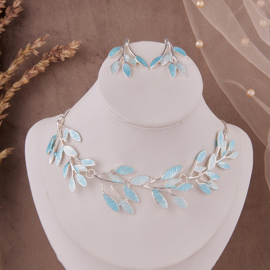 Elegant Blue Leaf Necklace Set with Earrings for Women & Girls
