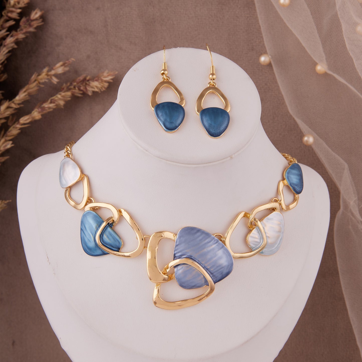 Elegant Blue & Gold Statement Necklace Set with Earrings for Women