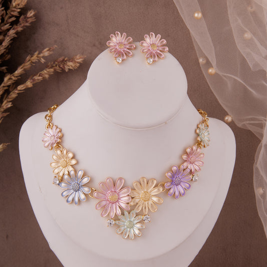 Charming Multicolor Daisy Flower Necklace Set with Earrings for Girls & Women