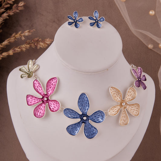 Colorful Floral Statement Necklace & Stud Earrings Set