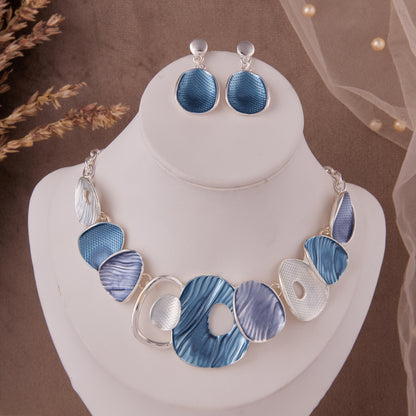 Ocean Blue & Silver Abstract Necklace Set – Contemporary Chic