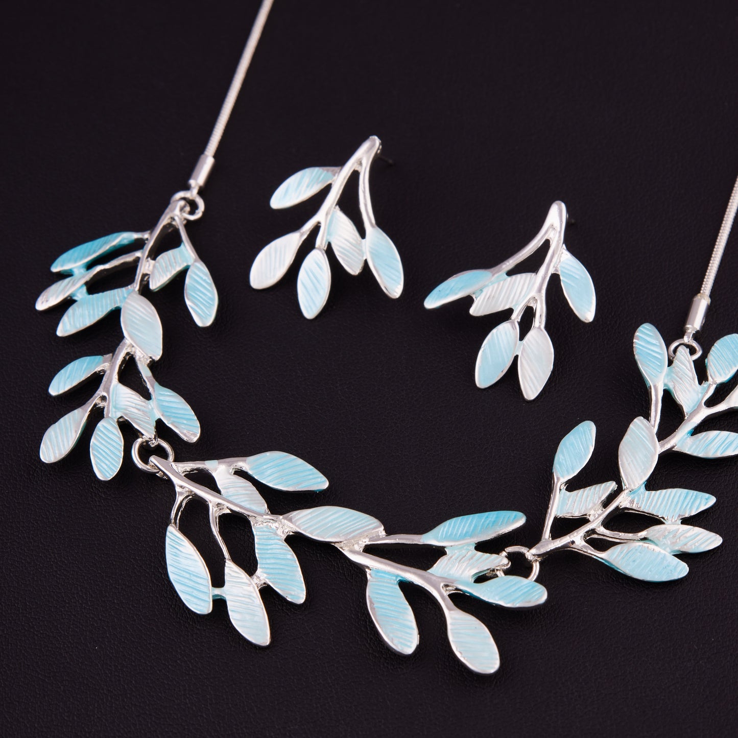Elegant Blue Leaf Necklace Set with Earrings for Women & Girls