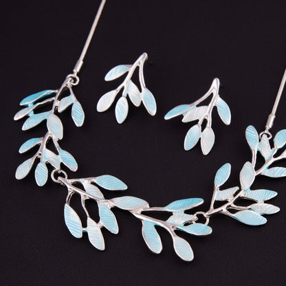 Elegant Blue Leaf Necklace Set with Earrings for Women & Girls