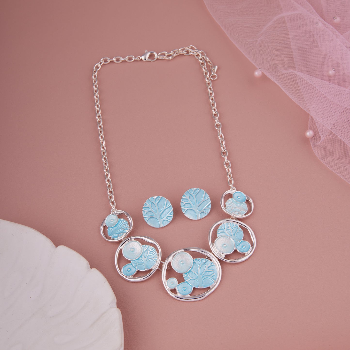 Sky Blue Tree Motif Necklace Set with Round Stud Earrings for Women & Girls