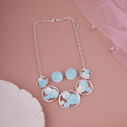 Sky Blue Tree Motif Necklace Set with Round Stud Earrings for Women & Girls