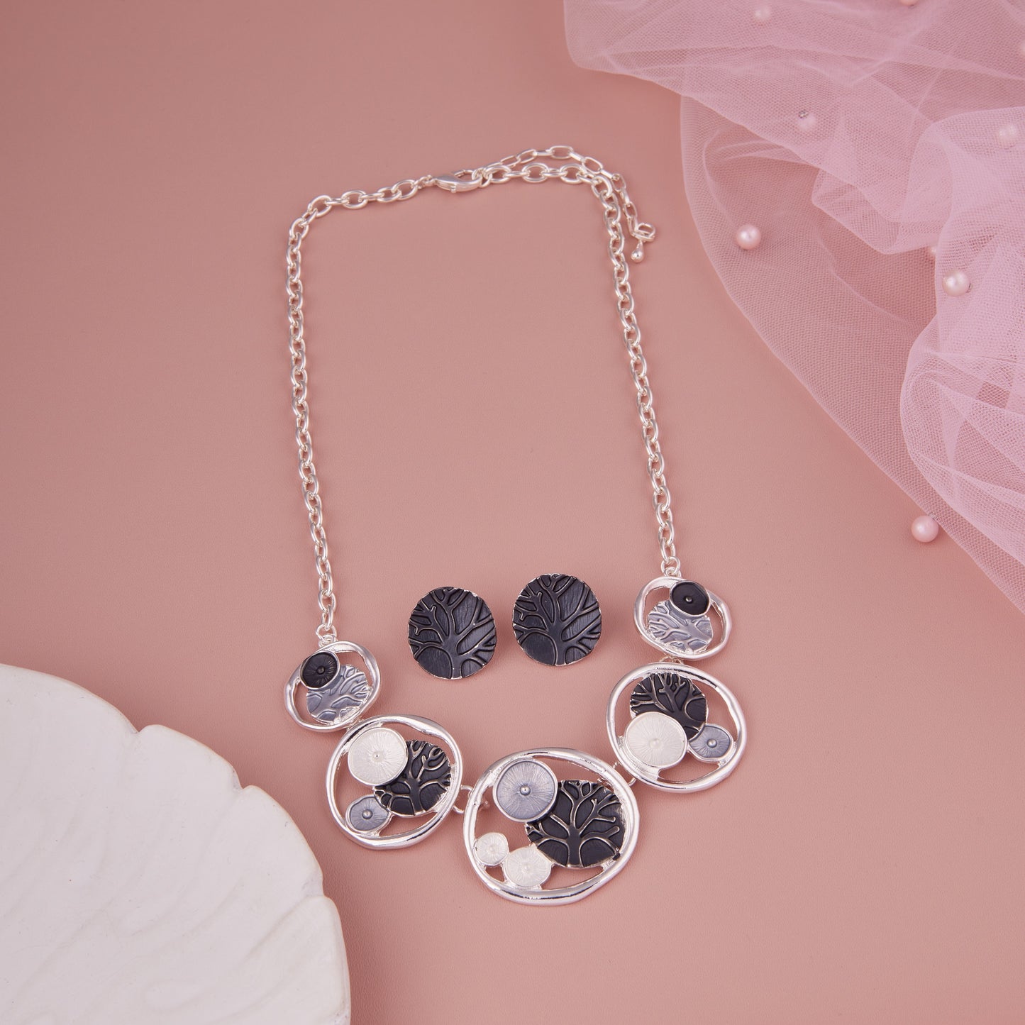 Black & Silver Tree Motif Necklace Set with Matching Stud Earrings for Women