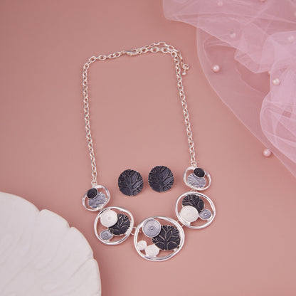 Black & Silver Tree Motif Necklace Set with Matching Stud Earrings for Women