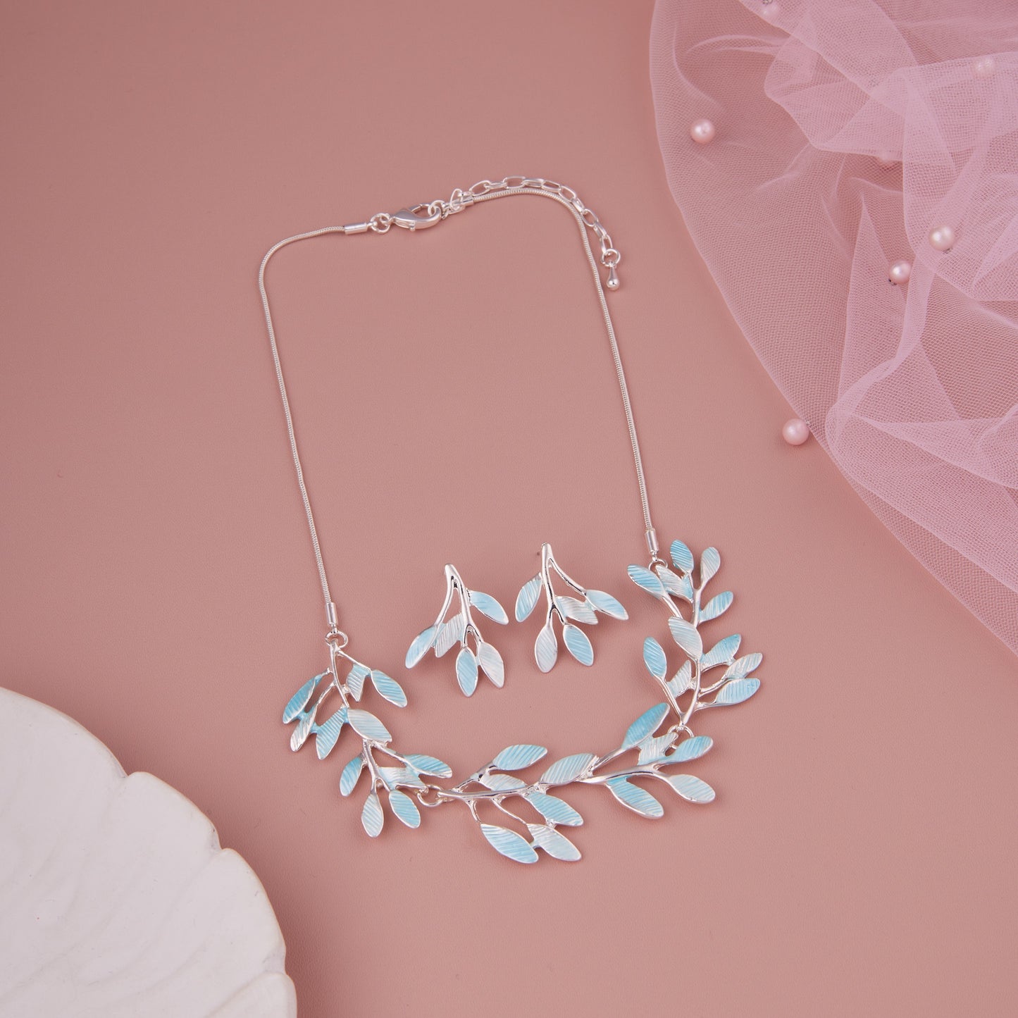 Elegant Blue Leaf Necklace Set with Earrings for Women & Girls