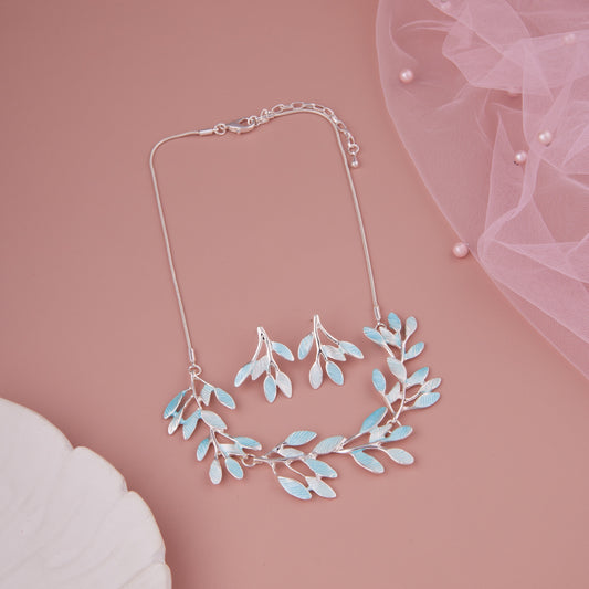 Elegant Blue Leaf Necklace Set with Earrings for Women & Girls