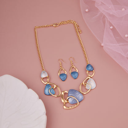 Elegant Blue & Gold Statement Necklace Set with Earrings for Women
