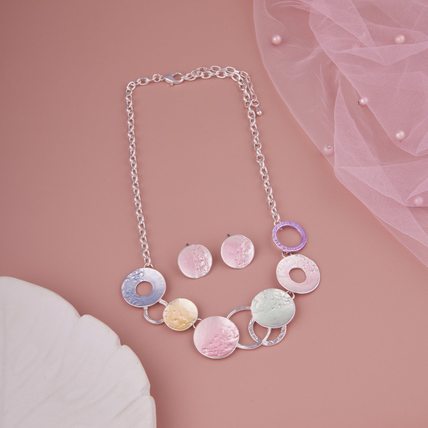 Pastel Circle Motif Necklace & Earrings Set – Artistic Charm