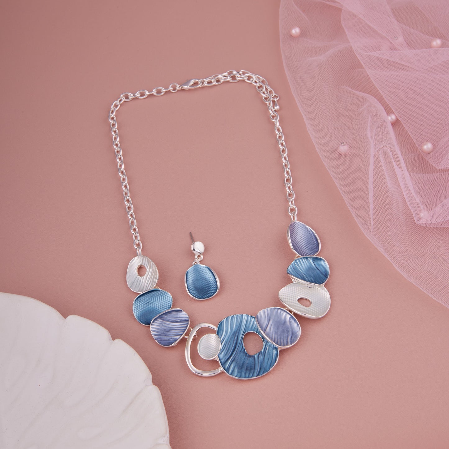 Ocean Blue & Silver Abstract Necklace Set – Contemporary Chic