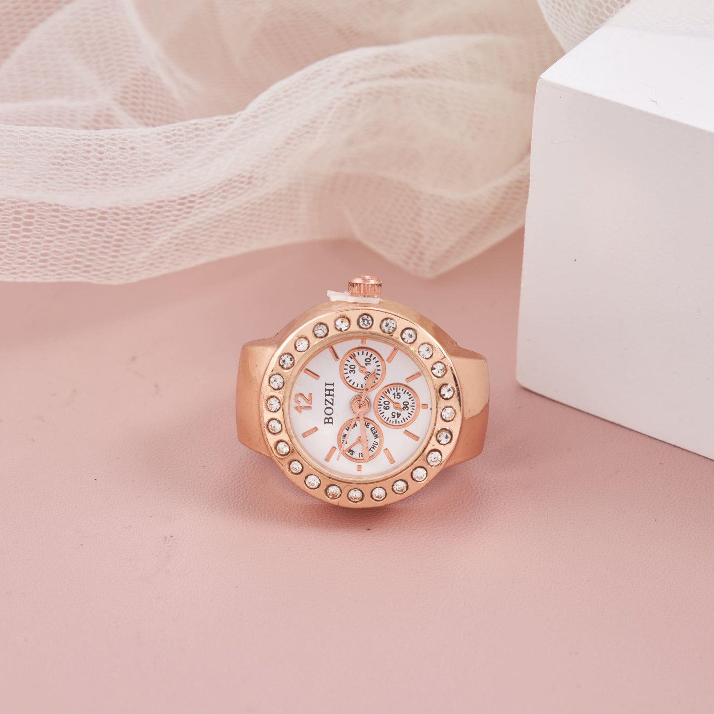 Rose Gold Crystal-Studded Ring Watch for Women