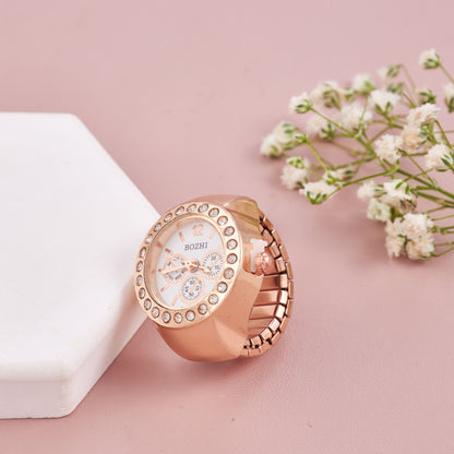 Rose Gold Crystal-Studded Ring Watch for Women
