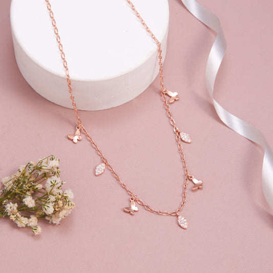 Stainless Steel Butterfly Necklace with Diamonds – Rose Gold