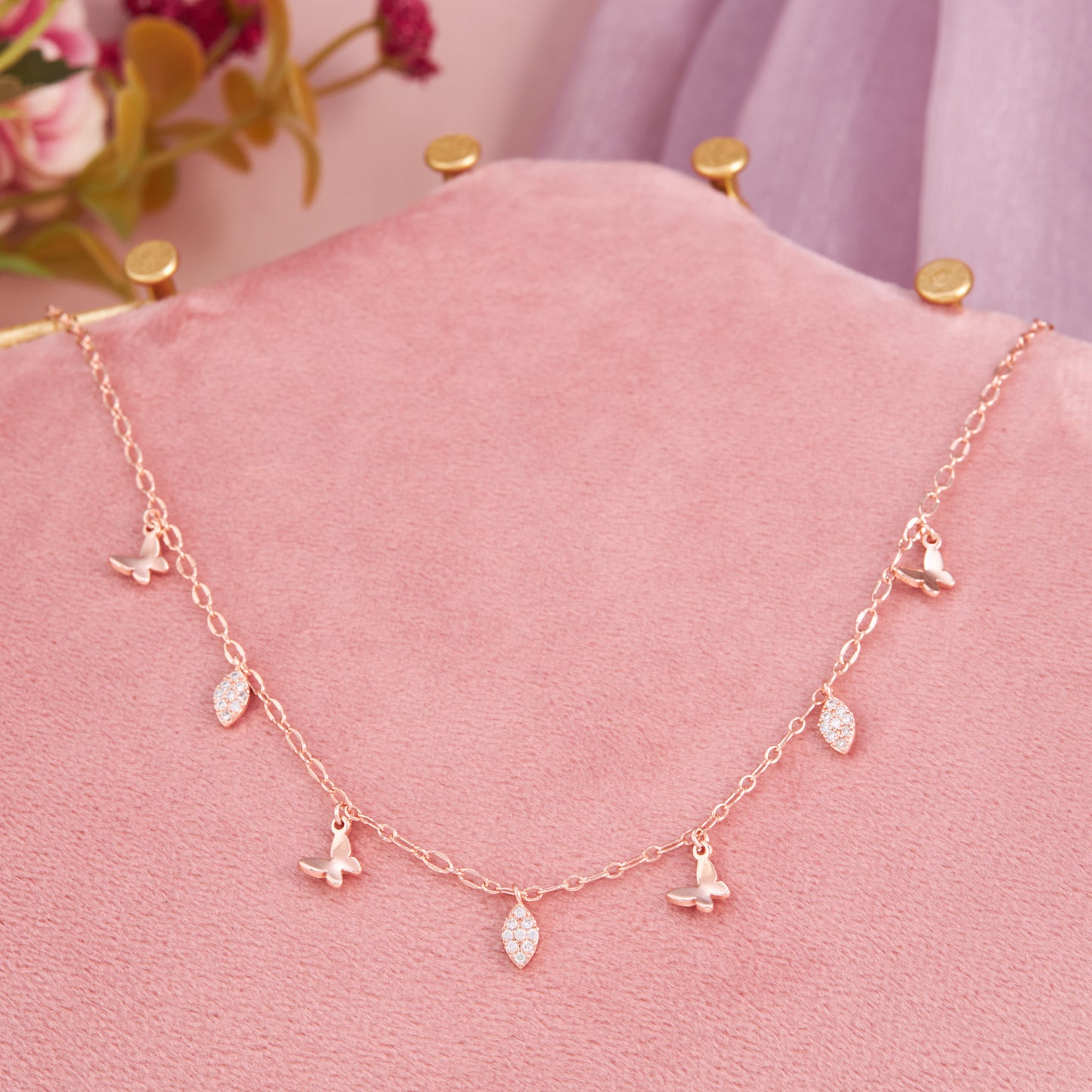 Stainless Steel Butterfly Necklace with Diamonds – Rose Gold