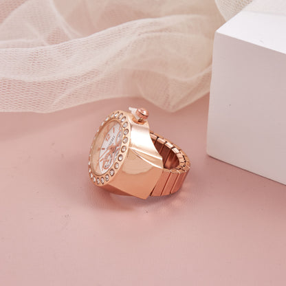 Rose Gold Crystal-Studded Ring Watch for Women