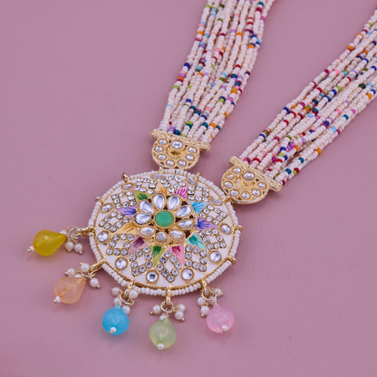 Tranditional Beaded Necklace Set with Meenakari Pendant & Earrings