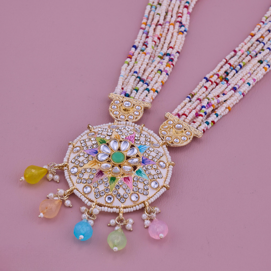 Tranditional Beaded Necklace Set with Meenakari Pendant & Earrings