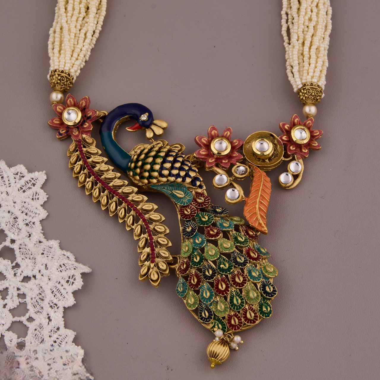 Traditional Peacock Design Necklace & Earrings Set with Pearls