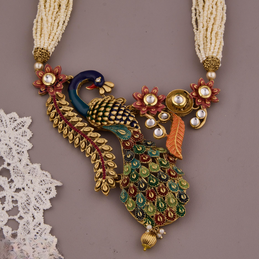 Traditional Peacock Design Necklace & Earrings Set with Pearls