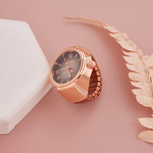Rose Gold Ring Watch with Black Gradient Dial & Arabic Numerals