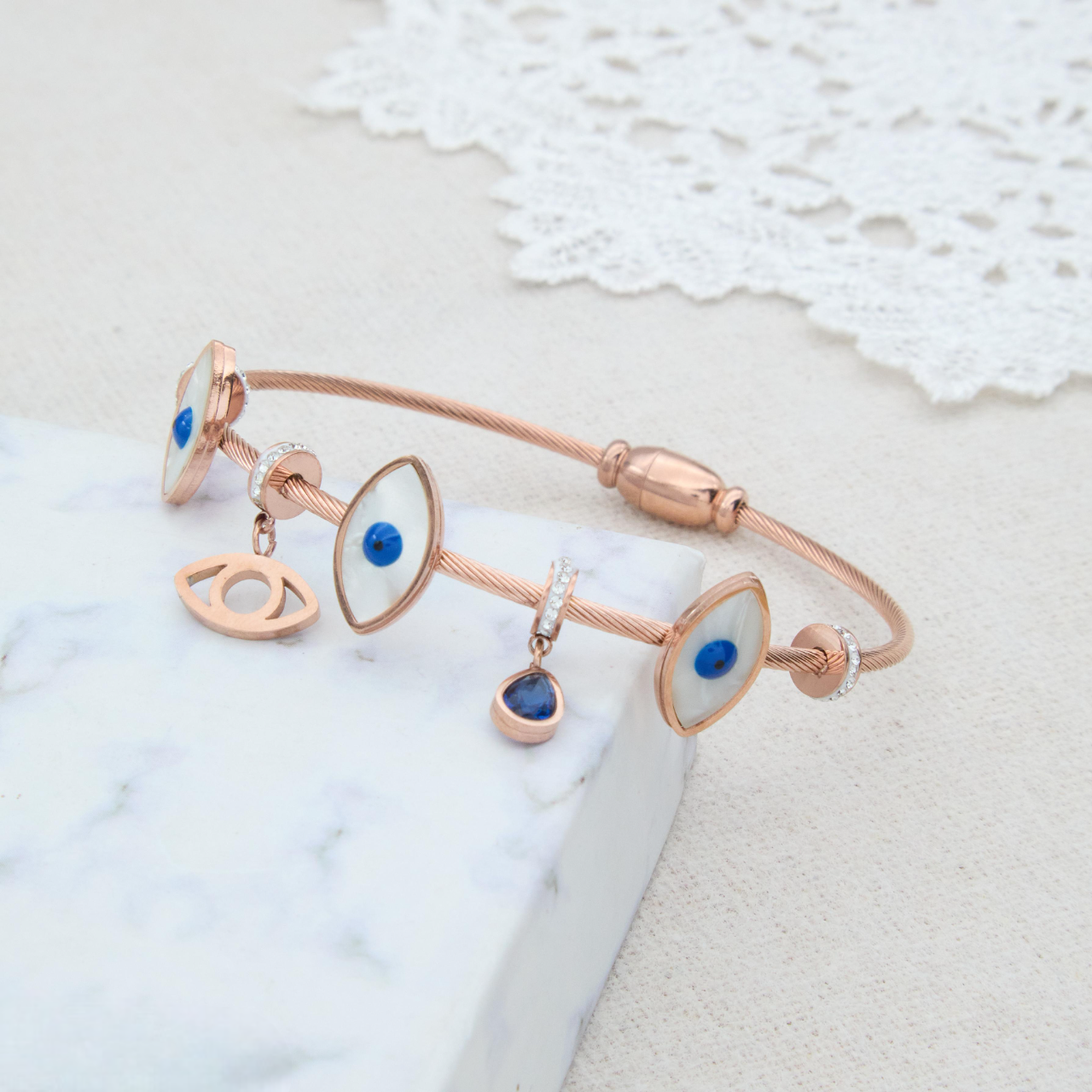 ✨ Rosegold Evil-Eye Charm Bracelet | Anti-Tarnish Premium Designer Magnetic Bracelet with Blue Charm for Girls and Women | Ideal for Special Occasions ✨