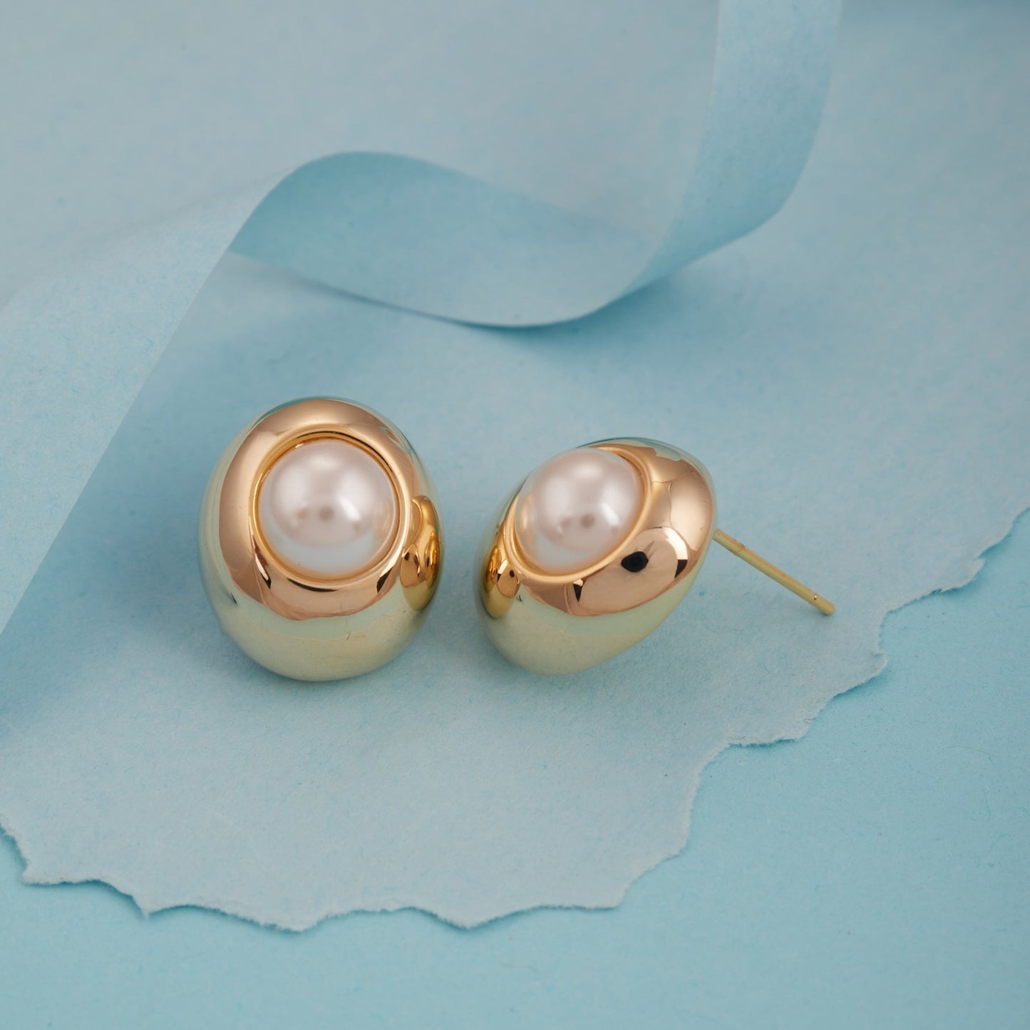Gold-Toned Stud Earrings with White Pearl Center for Women & Girls