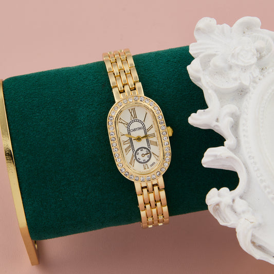 Vintage-Inspired Gold Oval Dial Watch with Crystal Bezel for Women