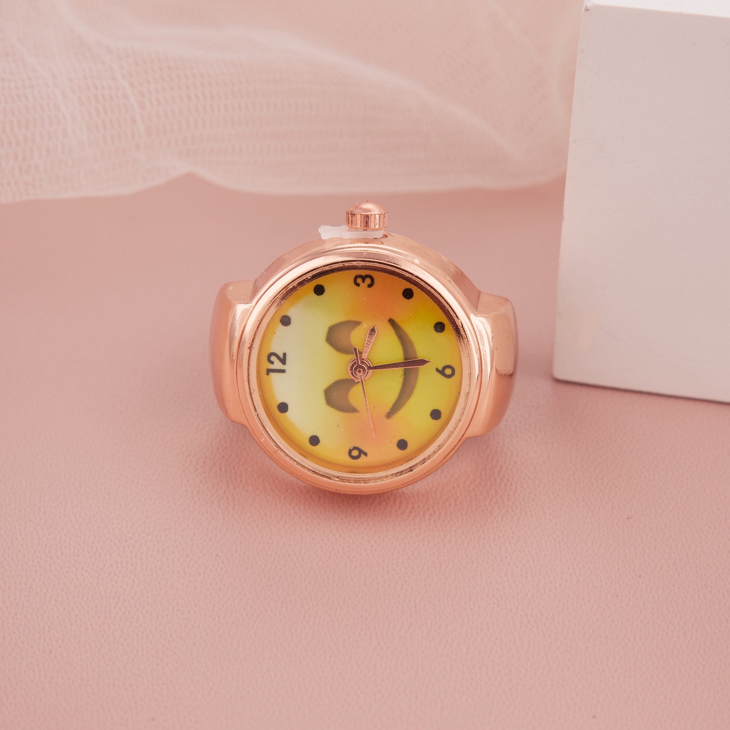 Trendy Rose Gold Ring Watch with Cool Shades Emoji Dial for Women & Girls
