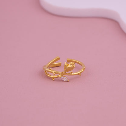 Gold Leaf Vine Adjustable Ring with White CZ Accent