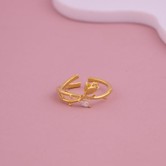 Gold Leaf Vine Adjustable Ring with White CZ Accent