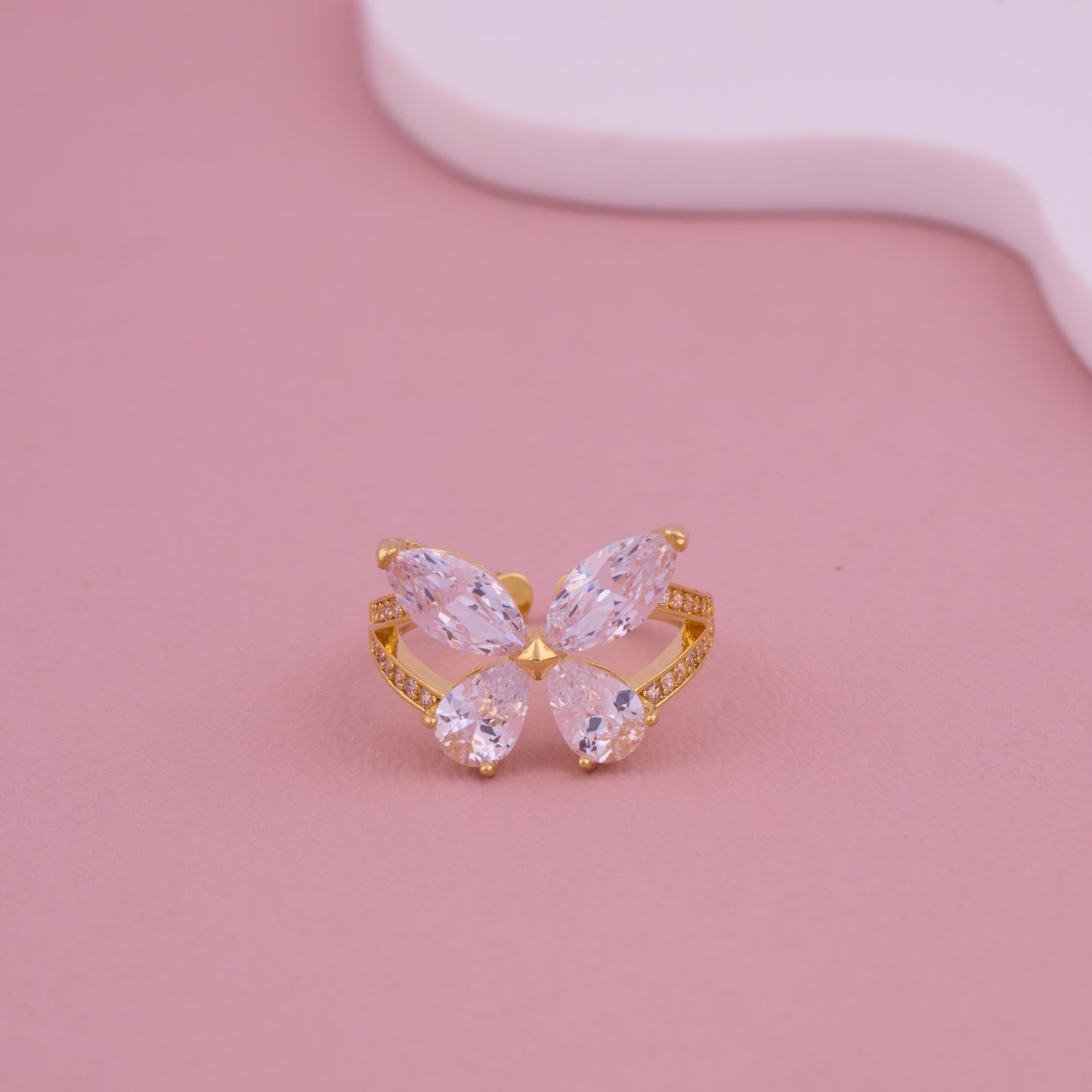 Gold Butterfly Ring with Large White CZ Stones