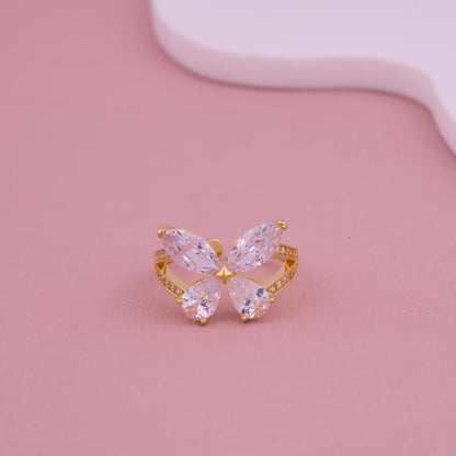 Gold Butterfly Ring with Large White CZ Stones