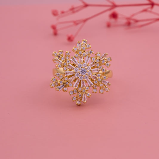 Golden Snowflake Ring with Sparkling White CZ Stones
