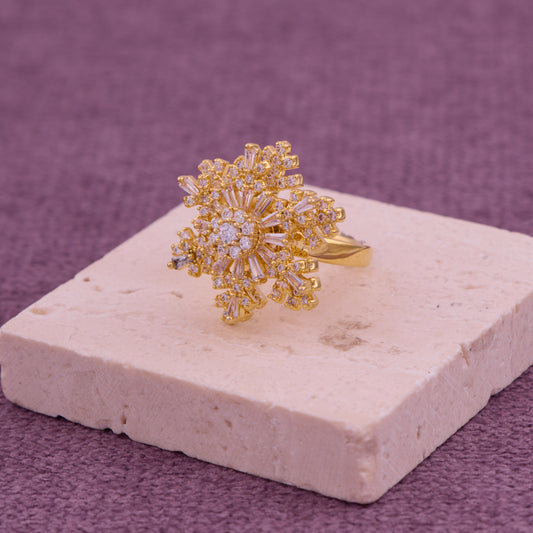 Golden Snowflake Ring with Sparkling White CZ Stones