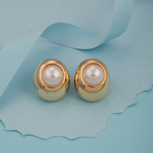 Gold-Toned Stud Earrings with White Pearl Center for Women & Girls