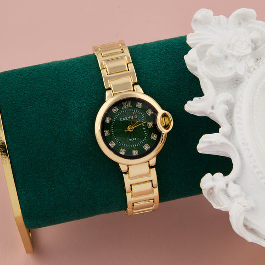 Gold-Tone Green Dial Watch with Crystal Hour Markers for Women