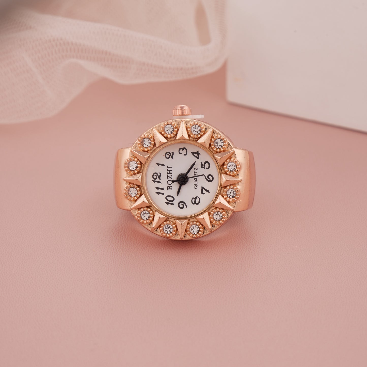 Rose Gold Ring Watch with Embellished Bezel & Twisted Numerals
