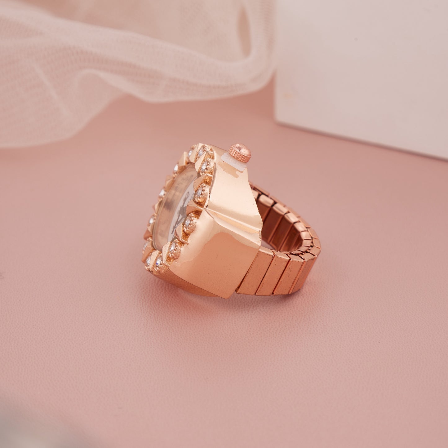 Rose Gold Ring Watch with Embellished Bezel & Twisted Numerals