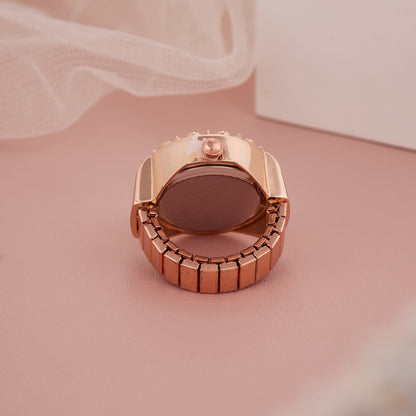 Rose Gold Ring Watch with Embellished Bezel & Twisted Numerals