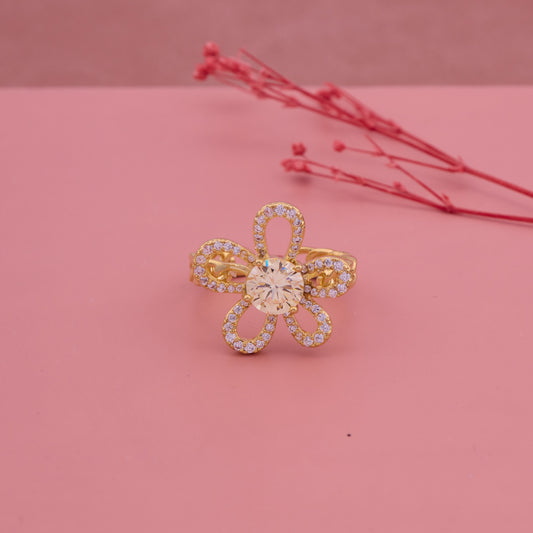 Sparkling Floral Loop Gold Ring with Central CZ Stone